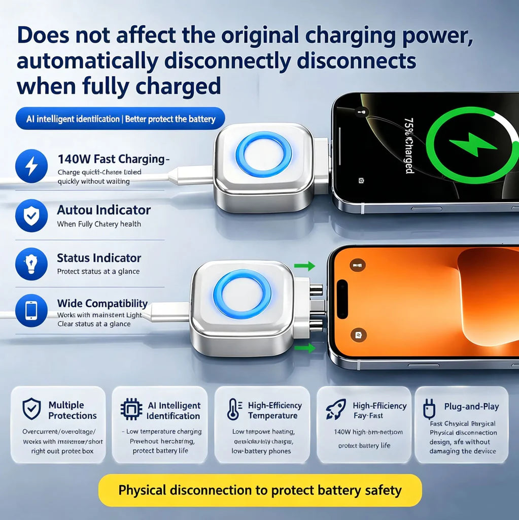 140W Fast Charging Separator Type-C | Auto Power-Off Battery Protection Adapter with AI Smart Chip & LED Indicator